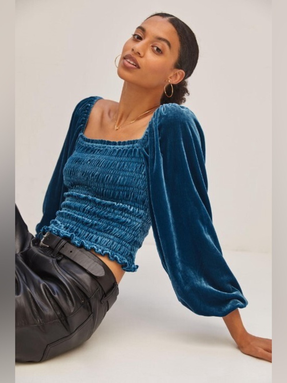 Anthropologie Teal Velvet Smocked Square-Neck Crop Top XL